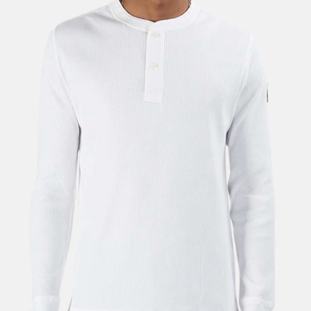 Belstaff imported White Ribbed Long Sleeve Henley Top Medium Shoulder emblem - Picture 2 of 8